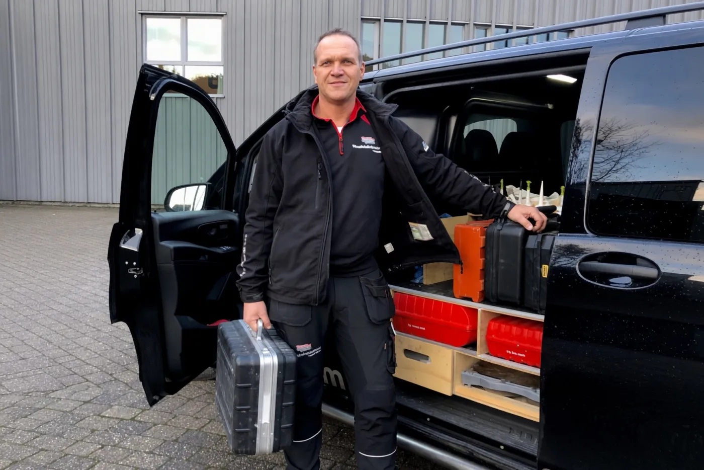 Vidar Risnes med verktøykoffert ved servicebilen